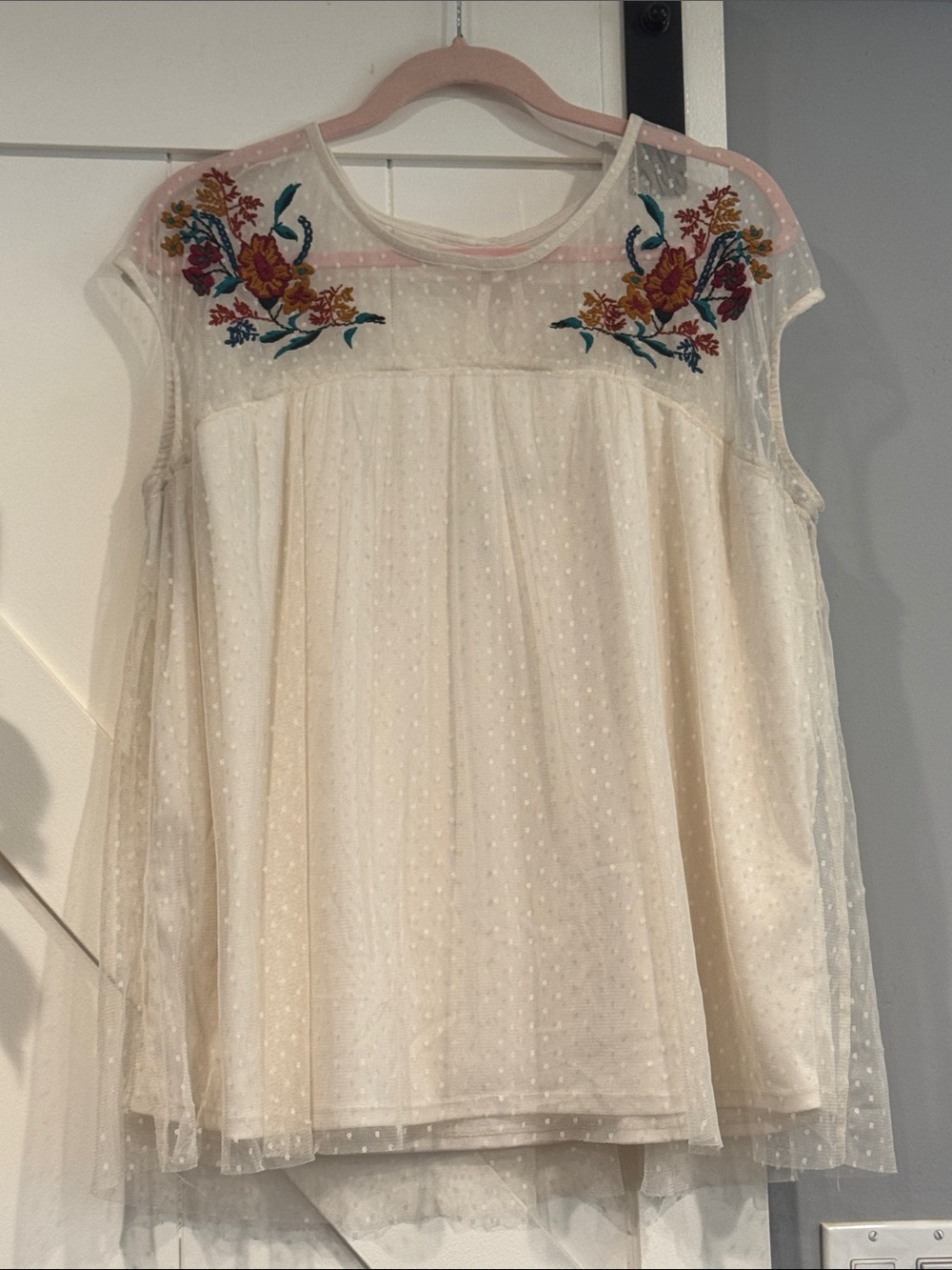 Womenโs blouse Cream Embroidered Dot-Overlay size 1X